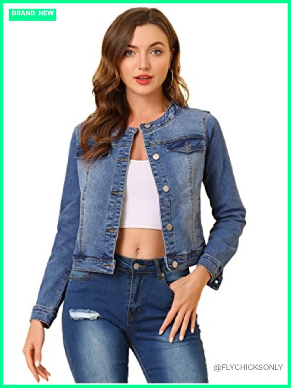 Collarless Round Neck Denim Jacket Cropped Button Front Jean Jacket